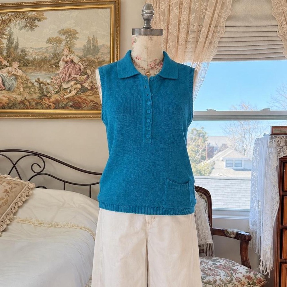 90s Knit Polo Vest  90s Helium turquoise knit sleeveless polo top size small